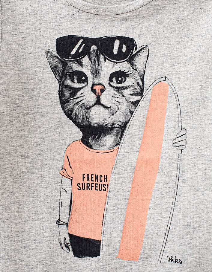 Girls’ grey organic T-shirt with surfer cat image - IKKS