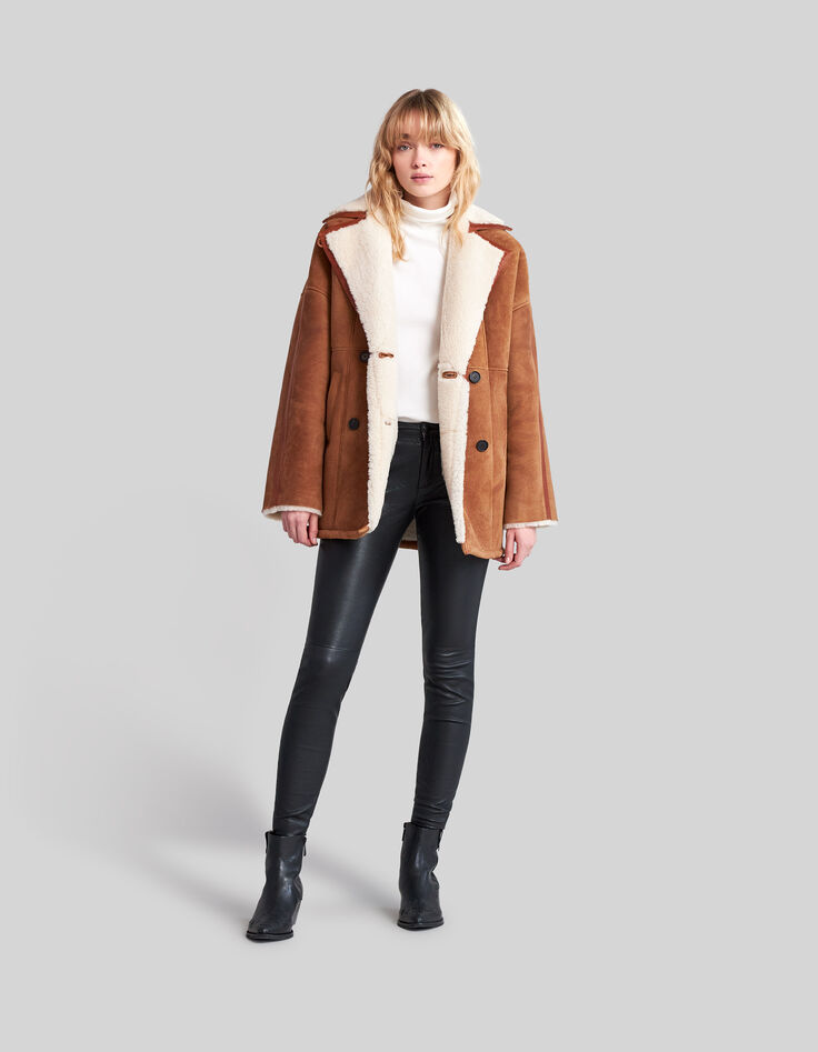 Manteau cognac cuir retourné esprit canadienne Femme-1