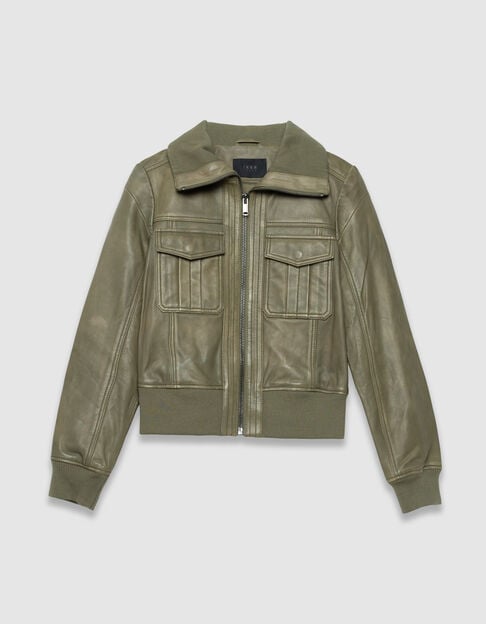 Khaki kurze verwaschene Damenlederjacke - IKKS