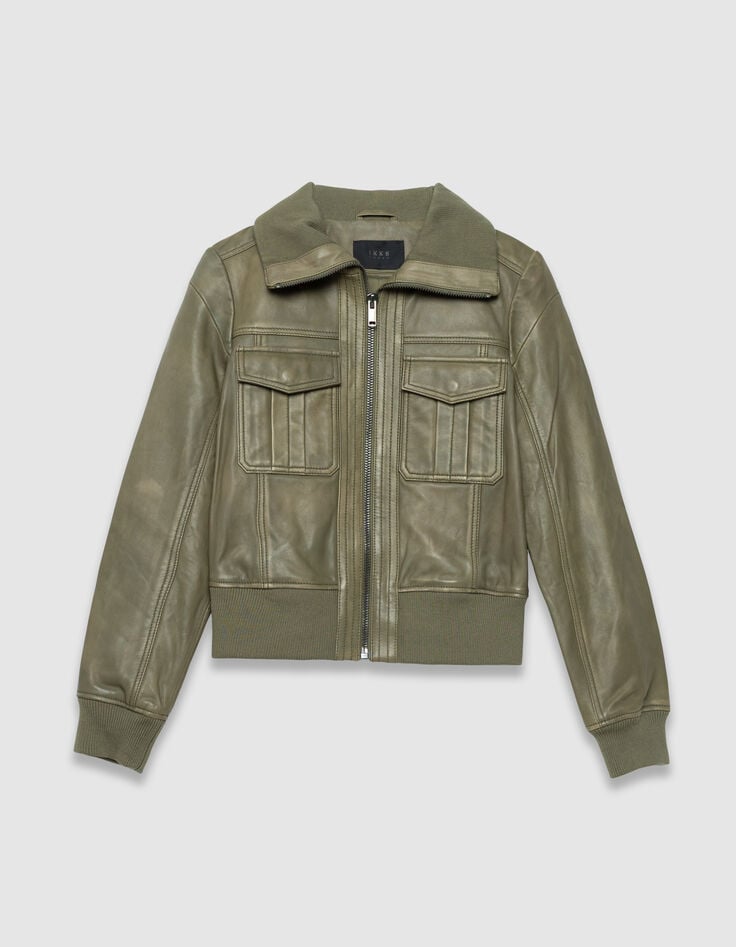 Khaki kurze verwaschene Damenlederjacke-1