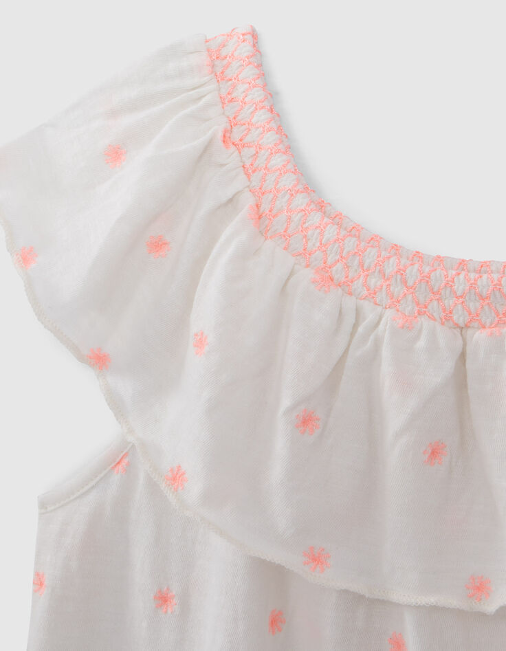 T-shirt blanc jacquard fluo col élastiqué fille-6