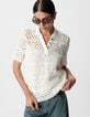 Top blanc tricot crochet col polo Femme-2