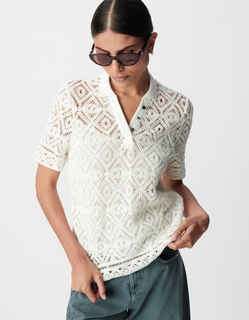 Top blanc tricot crochet col polo Femme - IKKS