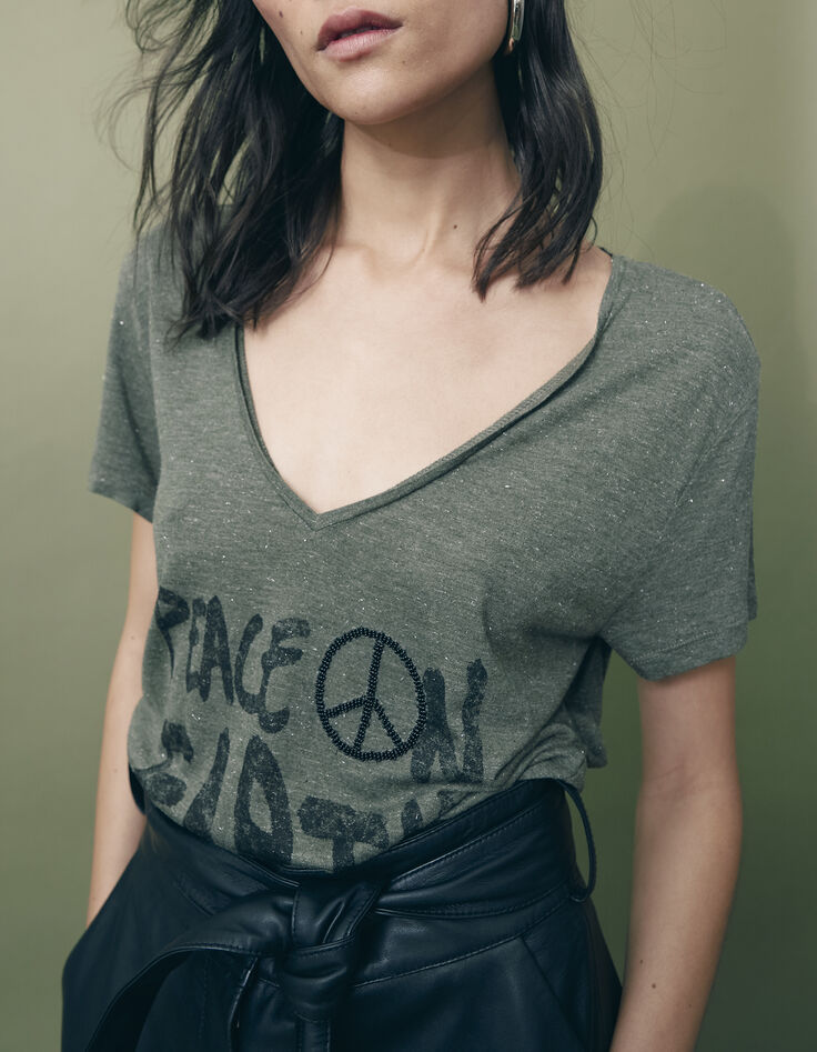 Khaki Damen-T-Shirt, loose, Pailletten-Message, Stickmotiv-2