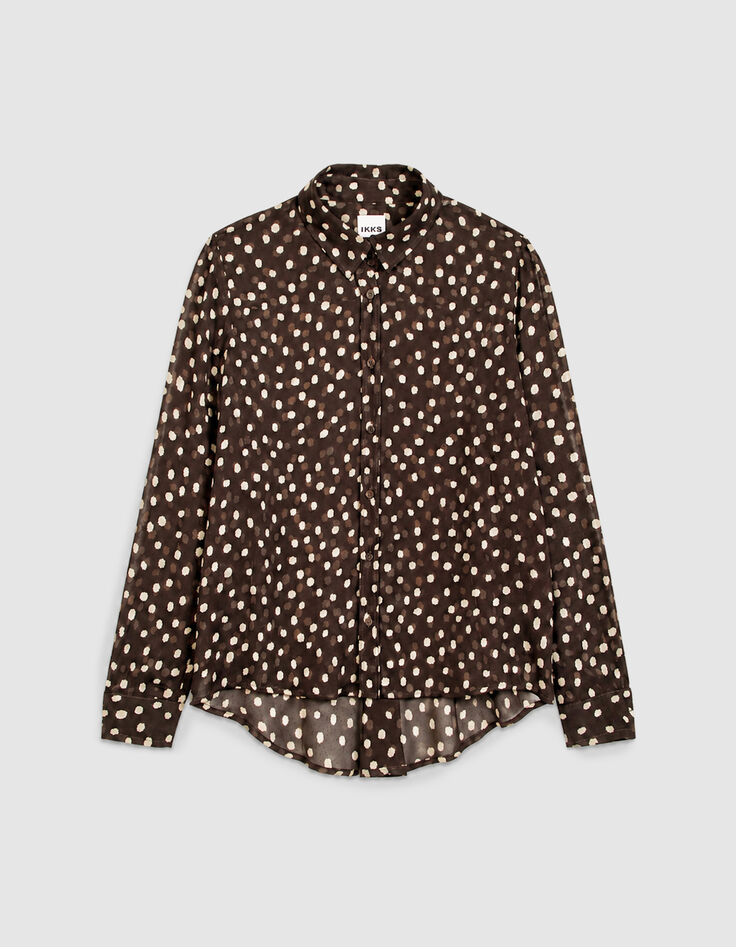 Chemise marron fluide voile imprim&eacute; pois Femme-7