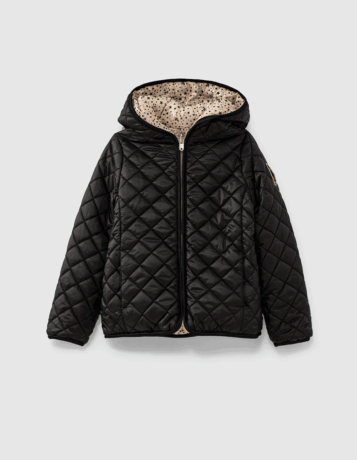 Girls’ black & star-printed beige reversible padded jacket-1 Girls’ black & star-printed beige reversible padded jacket-1