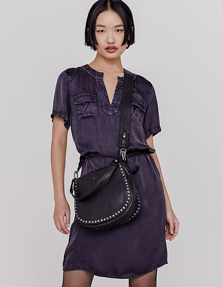 Robe noire col tunisien et perles ceinture amovible femme-6