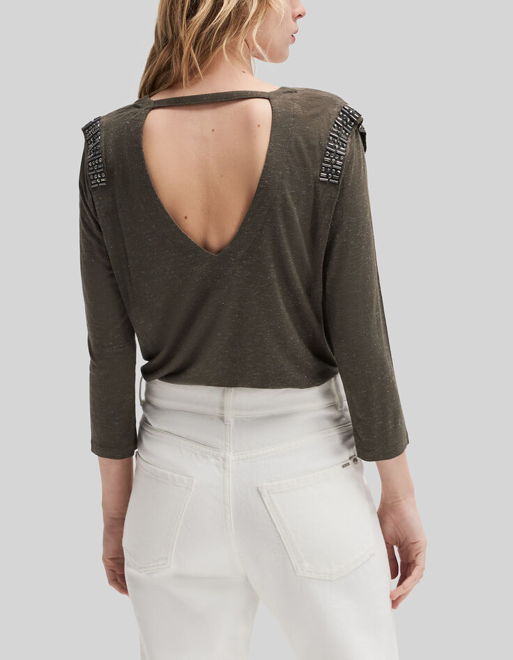 Dames-T-shirt met V-hals en strassteentjes in kaki viscose-3
