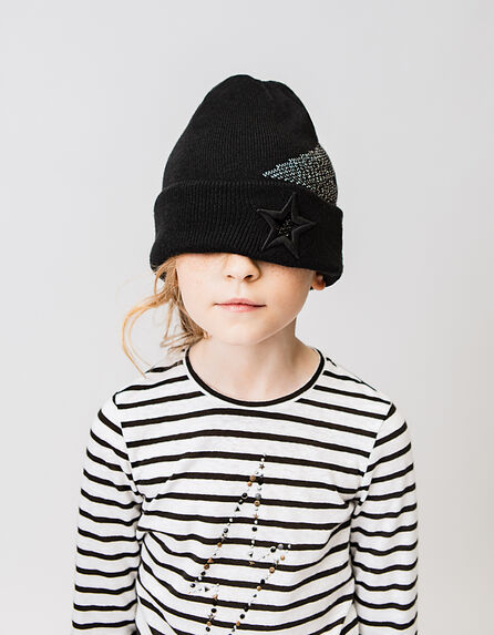 Girls’ black knit beanie with star-glasses turn-up