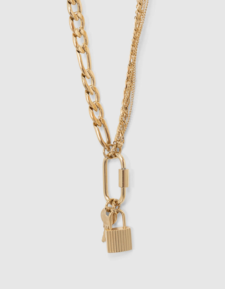 Collar largo mezcla cadenas candados y llaves dorado mujer-4