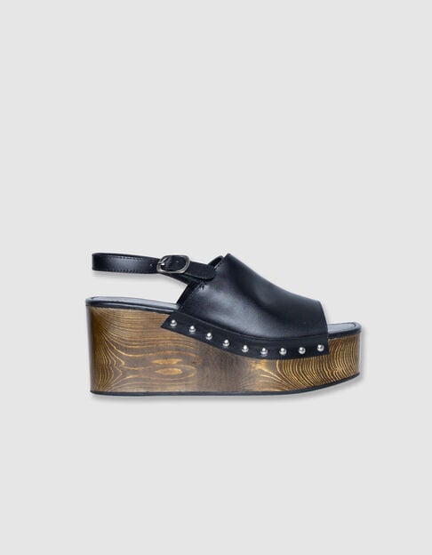 Women's black leather wedge sandals - IKKS