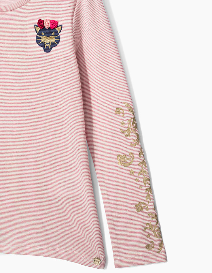 Tee-shirt rose à rayures pailletées et patch fille-5