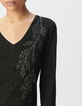 Zwart T-shirt glitters borduursel bloemen Dames-4
