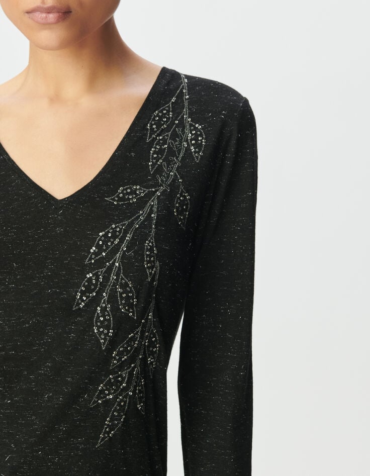 Zwart T-shirt glitters borduursel bloemen Dames-4 Zwart T-shirt glitters borduursel bloemen Dames-4