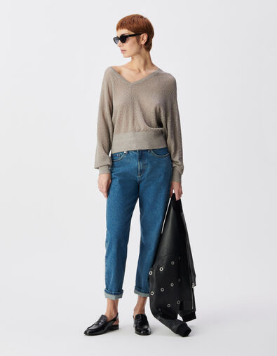 Pull chic beige tricot fantaisie paillet&eacute; ajour&eacute; Femme - IKKS