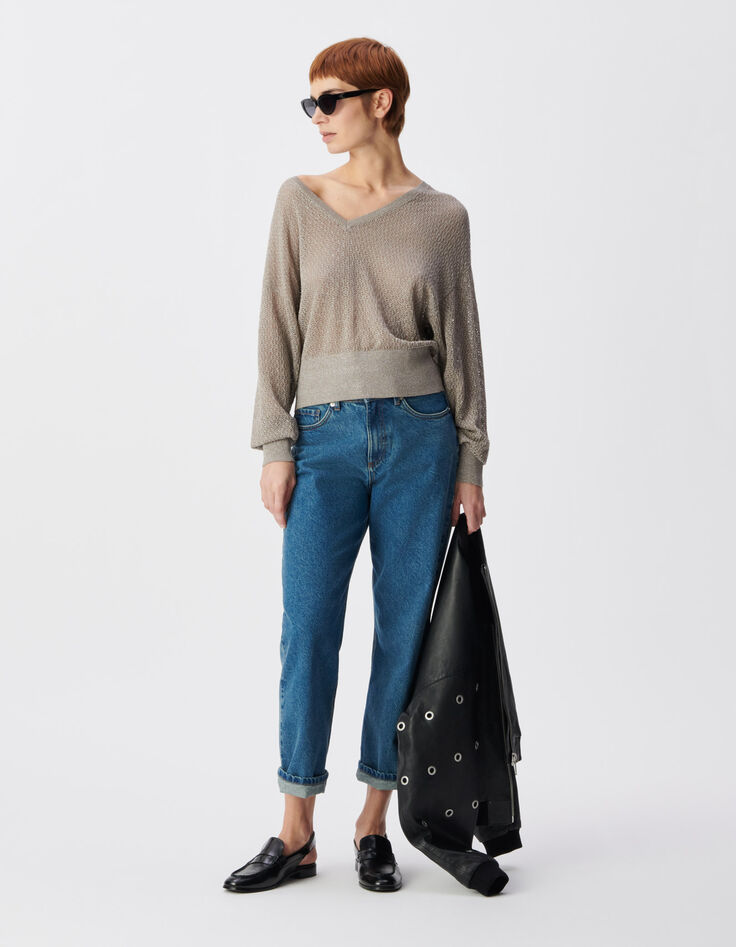 Pull chic beige tricot fantaisie paillet&eacute; ajour&eacute; Femme-1