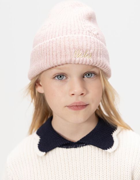 Bonnet rose tricot pailleté brodé fleurs fille - IKKS