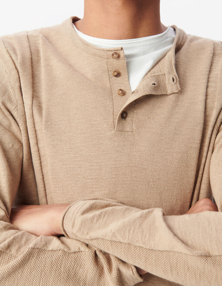 Men&rsquo;s beige organic cotton fine knit button-neck sweater-4