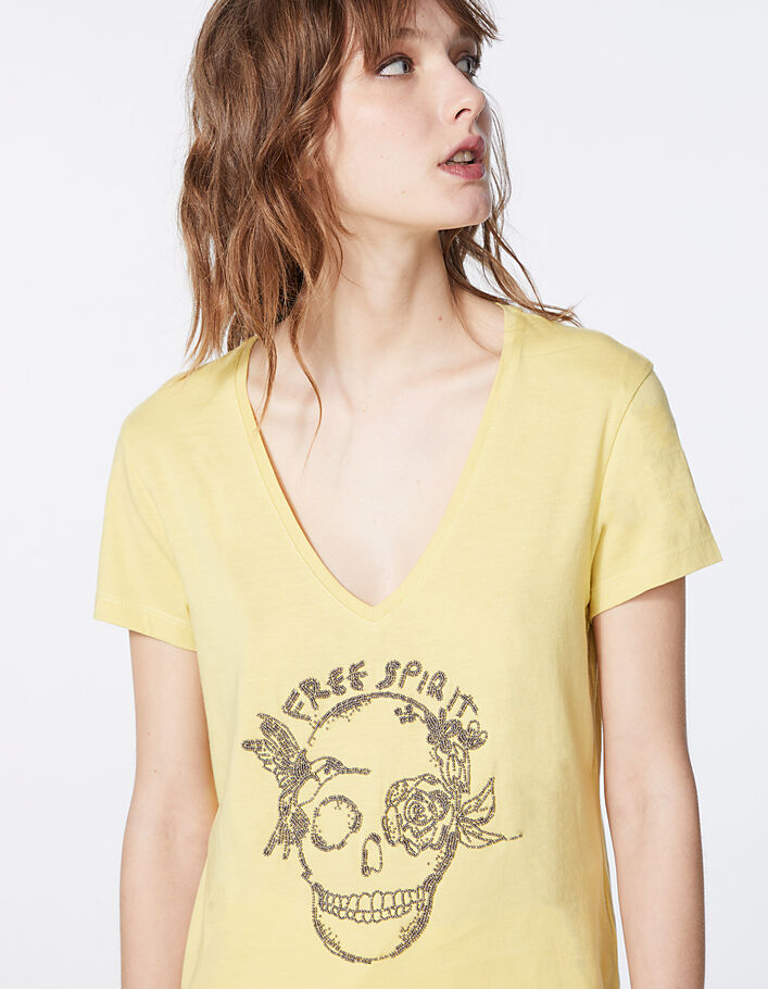 Damen-T-Shirt aus Baumwollmodal mit Totenkopf und Perlen - IKKS
