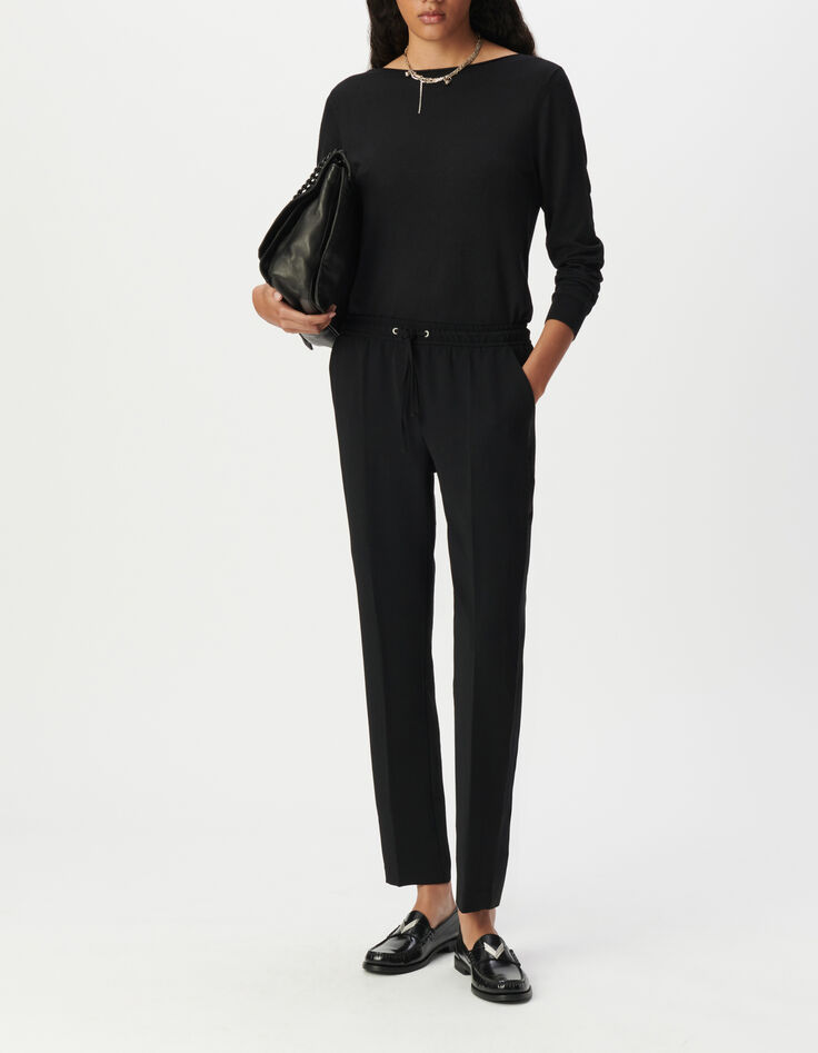 Women's straight black pants with elastic waistband-1