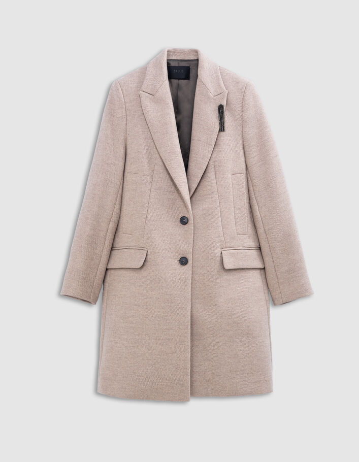 Wool Fabric Manteau Gris Ikks Manteau Droit Sésame Décor Broche