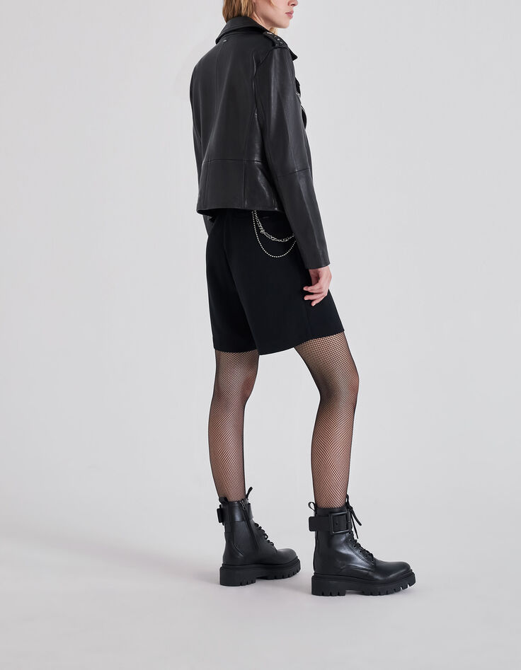 Women's black woven leather biker-style jacket with beads-6