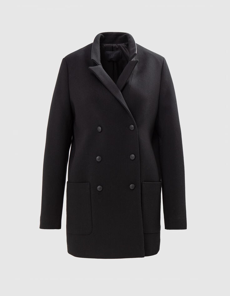 Women's black pea jacket with closed tailoring collar-5