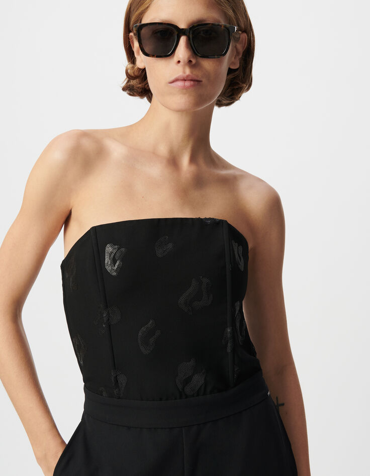 Combinaison-bustier noire motif léopard brodé sequins Femme-6