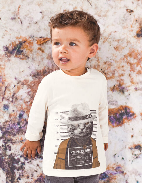 T-shirt écru coton bio visuel chat-gangster bébé garçon