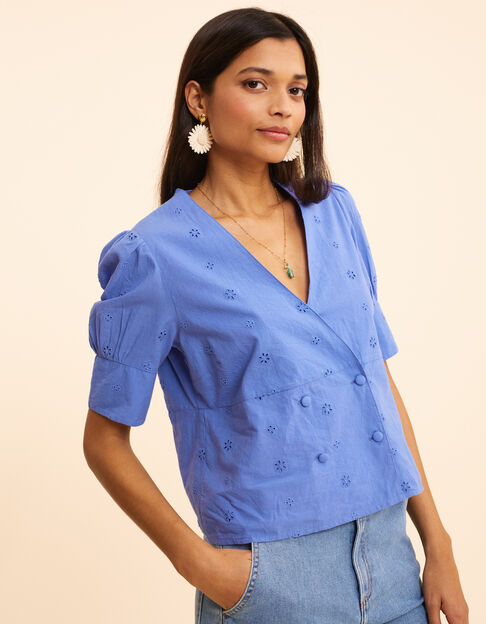 Blue top embroidery anglaise double-breasted buttoning I.Code