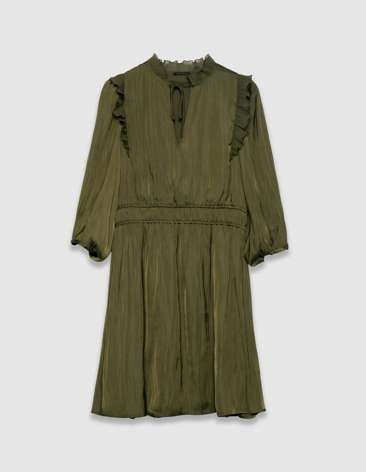 Vestido caqui satinado arrugado volantes plisados mujer-6