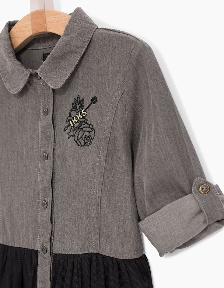 Robe-chemise grise en denim et tulle noir fille-5