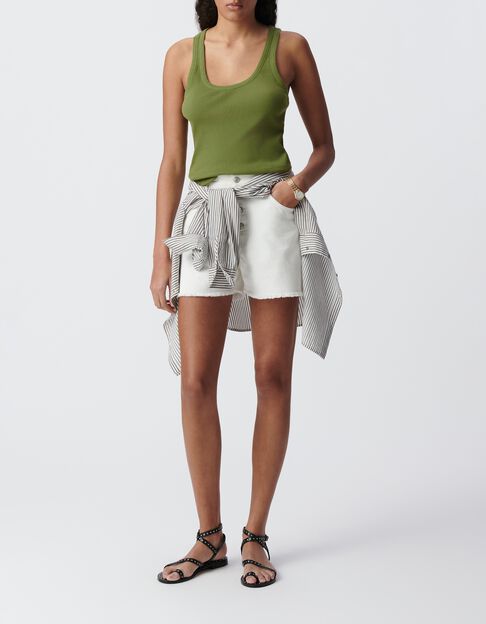 D&eacute;bardeur vert maille c&ocirc;tel&eacute;e chevrons brod&eacute;s dos Femme - IKKS