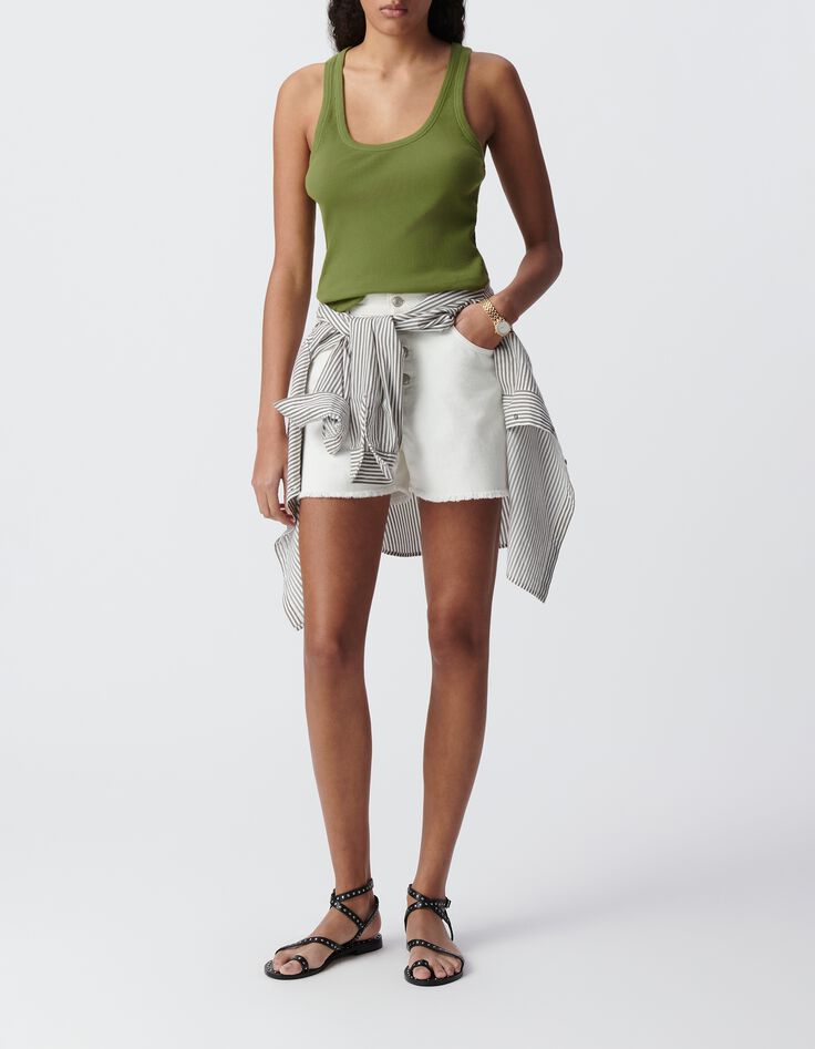 Dames-tanktop in groene ribtricot met visgraatborduursel op de rug-1