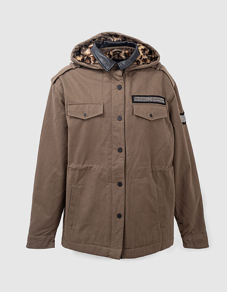 Khaki Damen-Kapuzenparka, Kunstpelzfutter, Chevron-1
