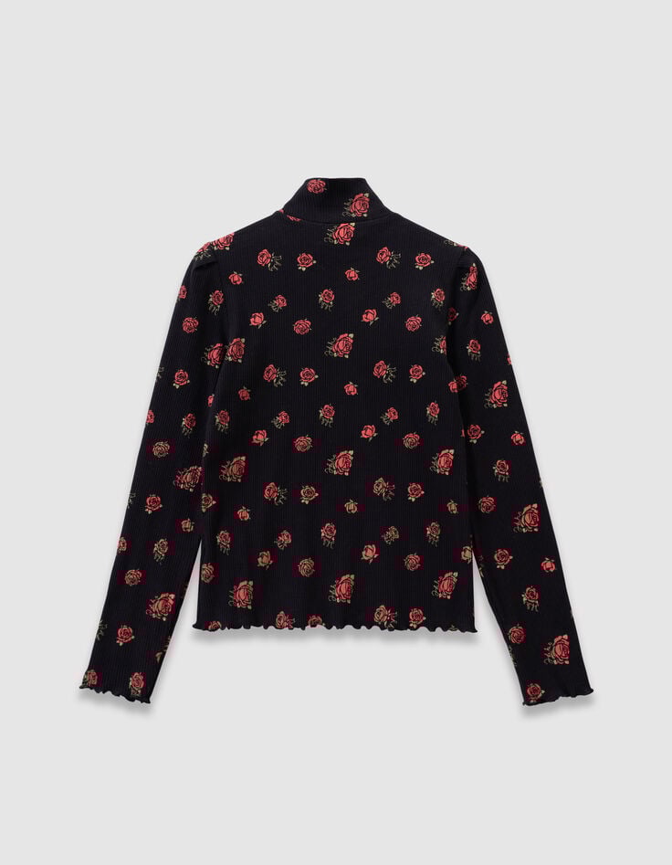 Schwarzes Mädchen-T-Shirt lange Ärmel gerippt Rosenprint-5 Schwarzes Mädchen-T-Shirt lange Ärmel gerippt Rosenprint-5