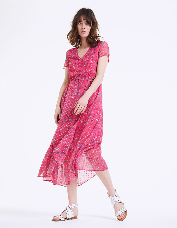 Robe longue cintrée voile imprimé floral pivoine métallisé-1