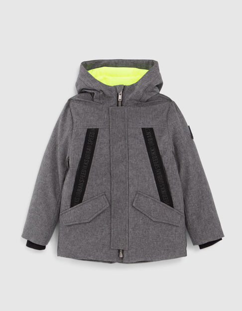 Boys’ grey parka with neon green lining