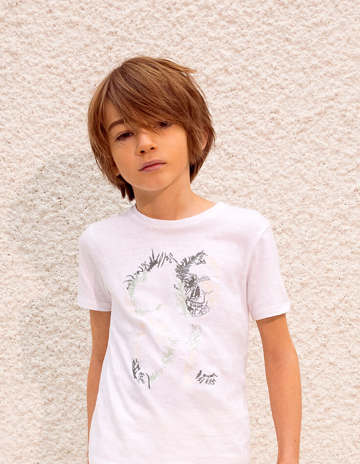 Weißes Jungen-T-Shirt mit gesticktem Skull, Bio -2 Weißes Jungen-T-Shirt mit gesticktem Skull, Bio -2