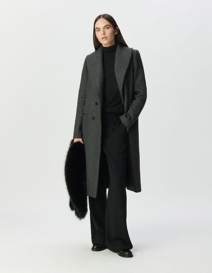 Women’s grey straight coat, detachable black fur collar-6