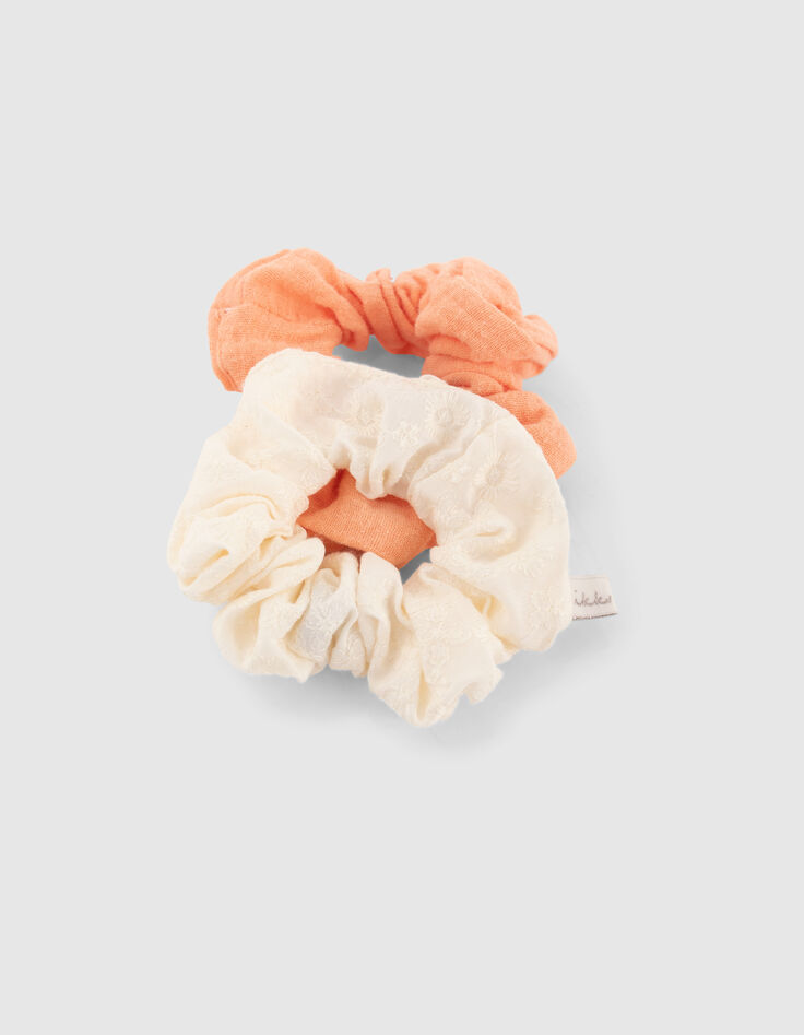 Girls’ orangey and embroidered white scrunchies-3