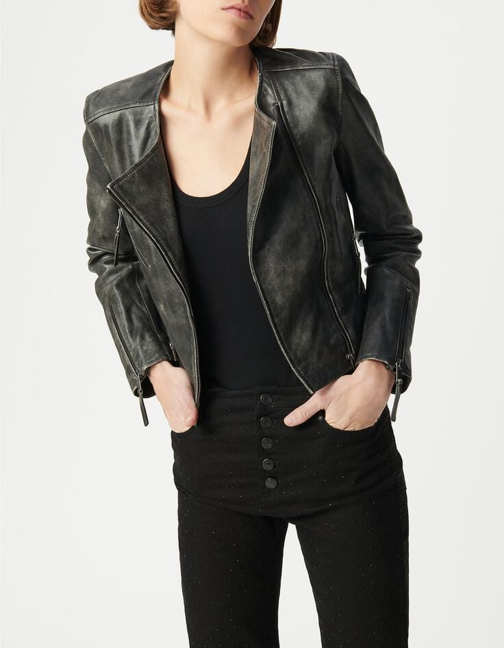 Schwarze Bikerjacke aus gewaschenem Leder mit Rei&szlig;verschlusstaschen Damen-5