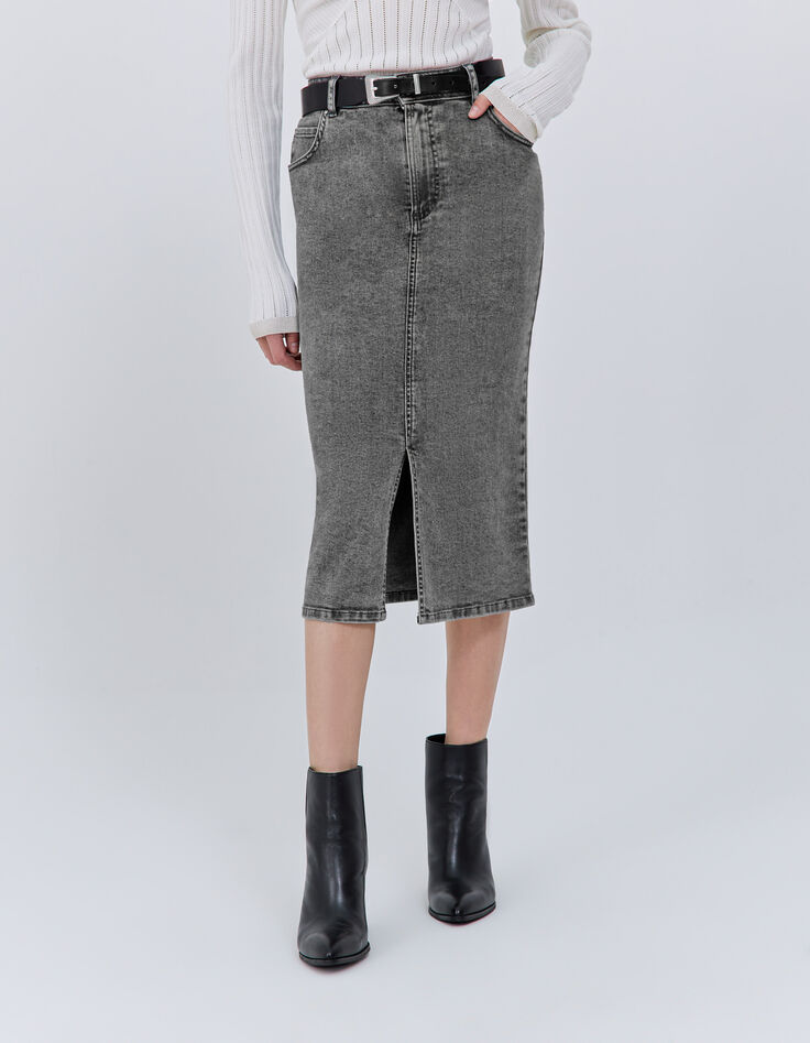 Jupe crayon en jean gris Femme-2