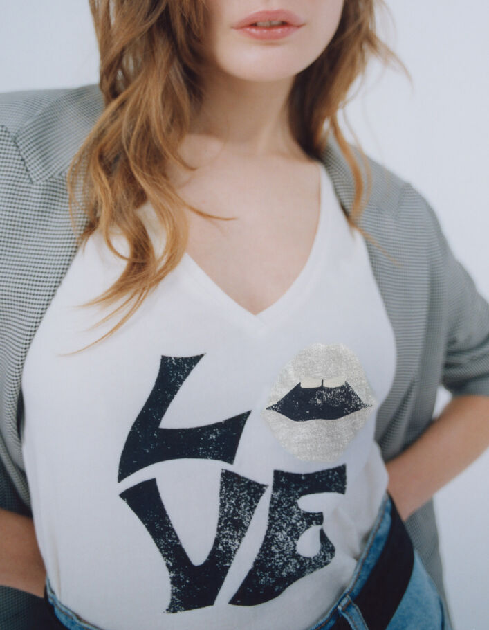 Weißes Damen-T-Shirt, Biobaumwolle, Message-Lippen-Motiv - IKKS