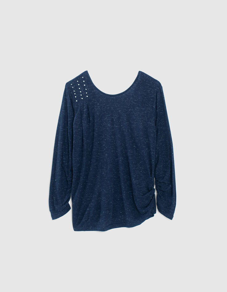Tee-shirt marine pailleté avec strass sur drapé Femme-5