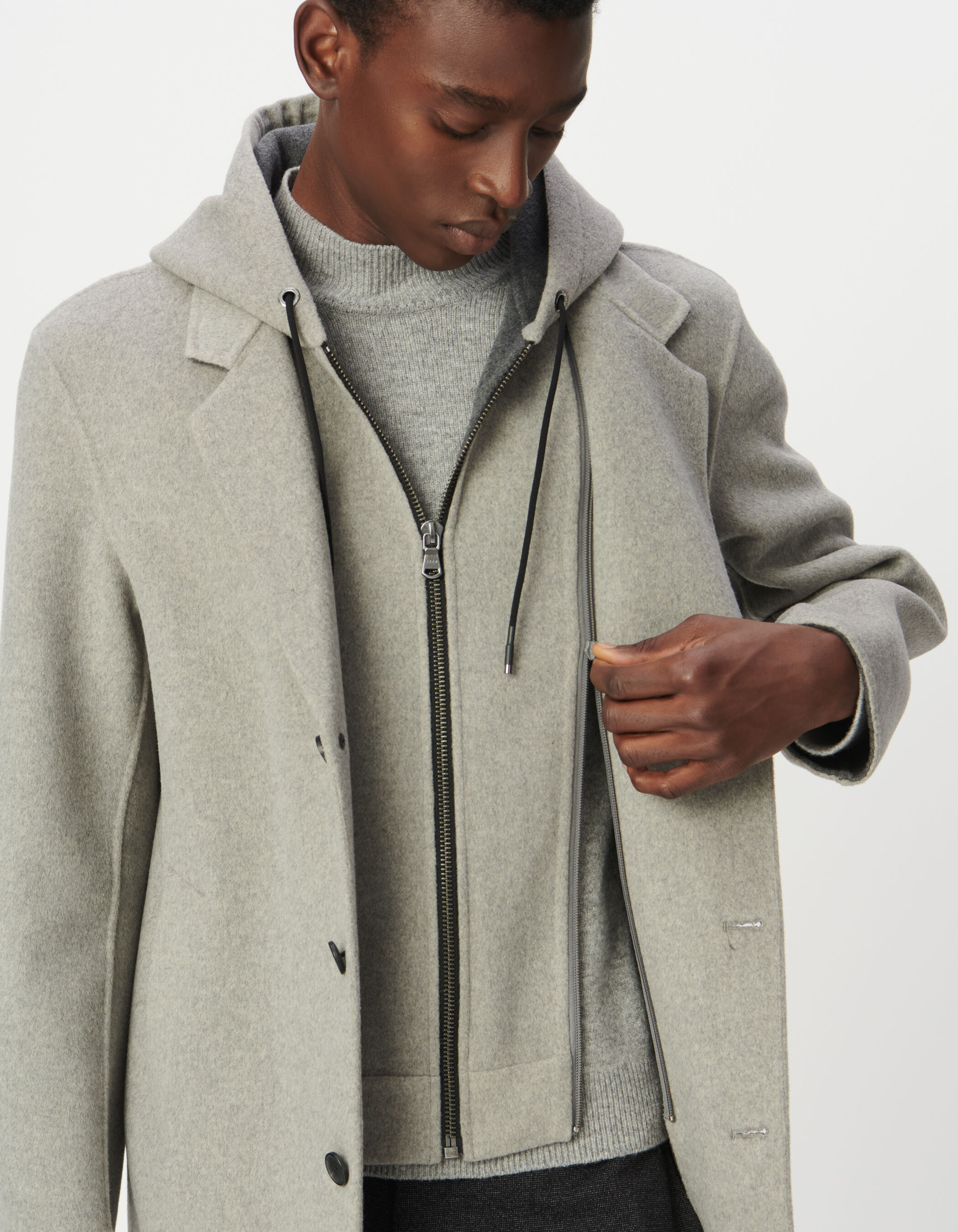 Men's grey coat with detachable hood facing