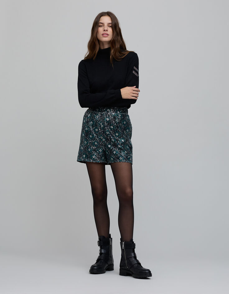 Women's black sequin-embroidered geometric print shorts-1 Women's black sequin-embroidered geometric print shorts-1