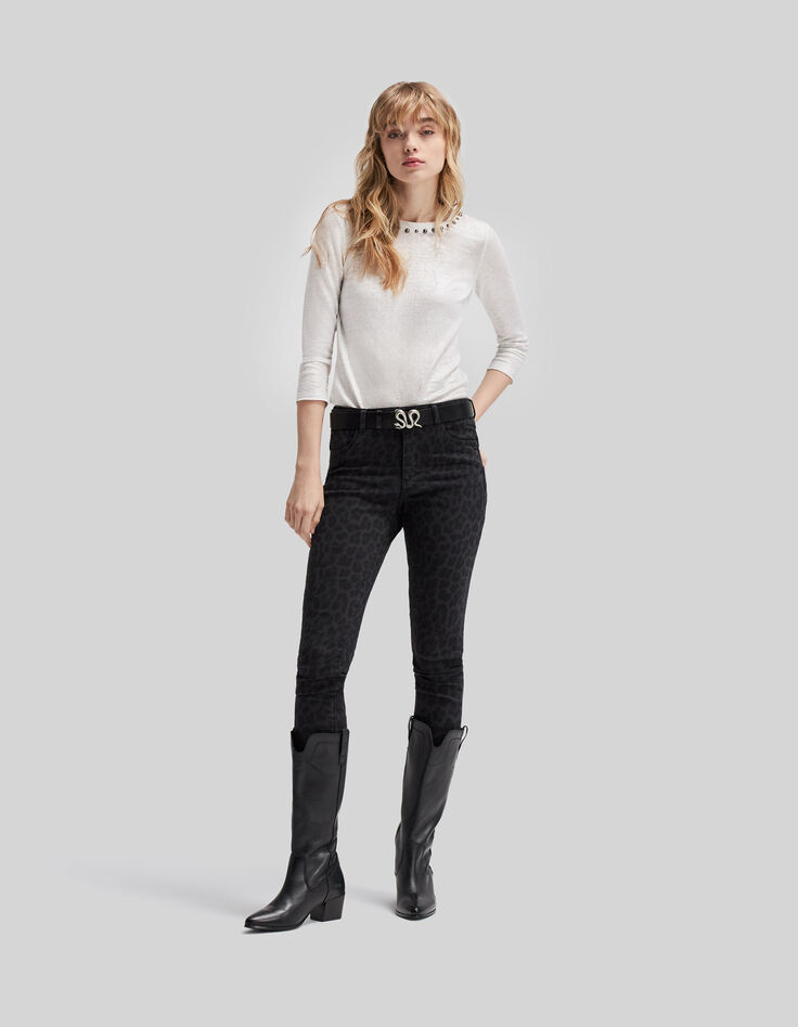 Tee-shirt blanc maille lin irisé décor perles métal Femme-1