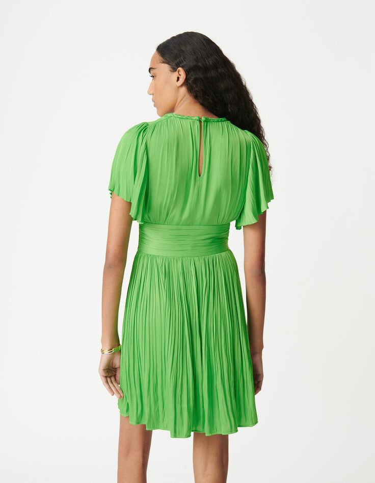 Women's green satin pleated short dress-3