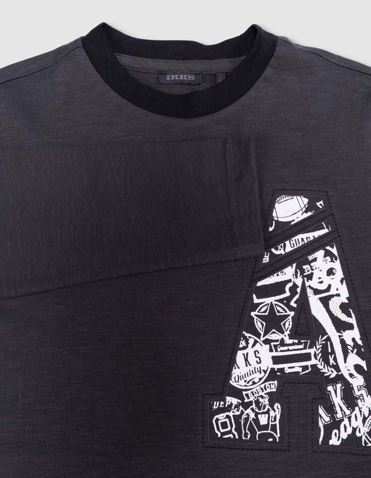 Grau meliertes Langarm-Jungenshirt Maxi-Buchstaben A-5 Grau meliertes Langarm-Jungenshirt Maxi-Buchstaben A-5